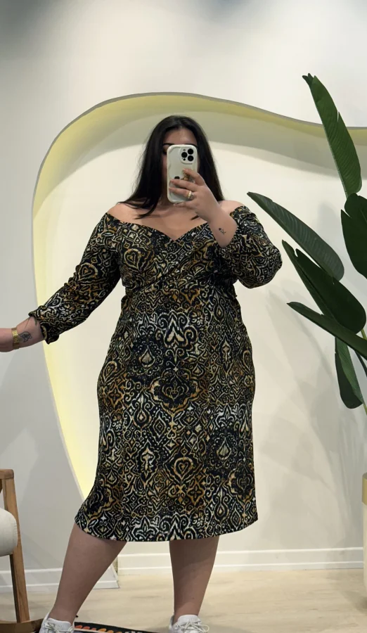 Kruvaze Yaka Esnek Bürümcük Elbise - Antik