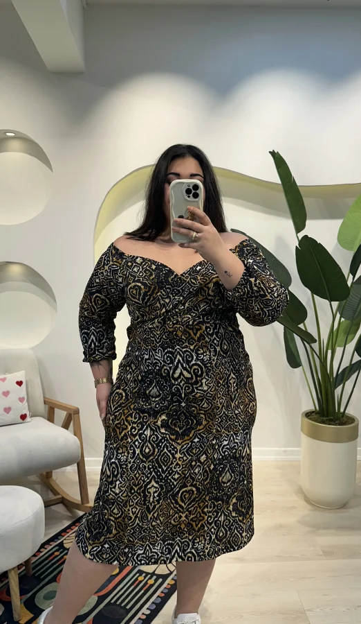 Kruvaze Yaka Esnek Bürümcük Elbise - Antik