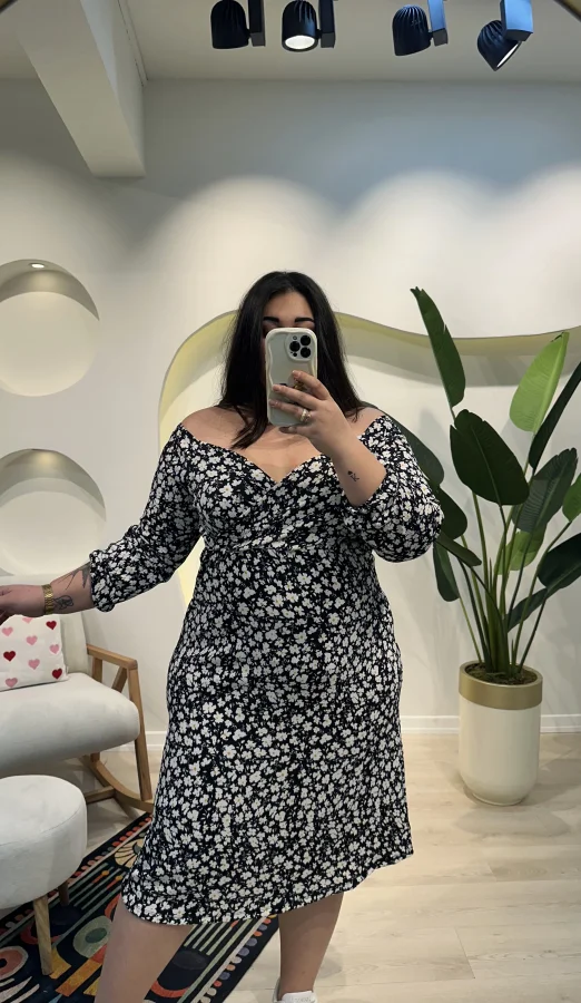 Kruvaze Yaka Esnek Bürümcük Elbise - Siyah Papatya