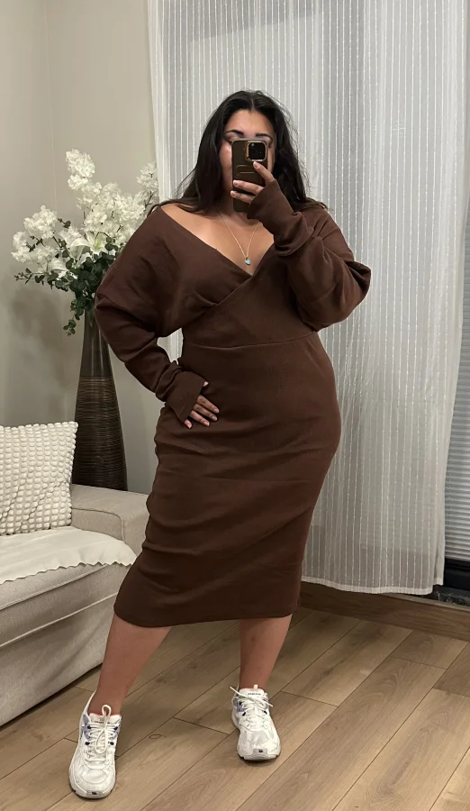 Kruvaze Yaka Esnek Triko Elbise - Kahverengi