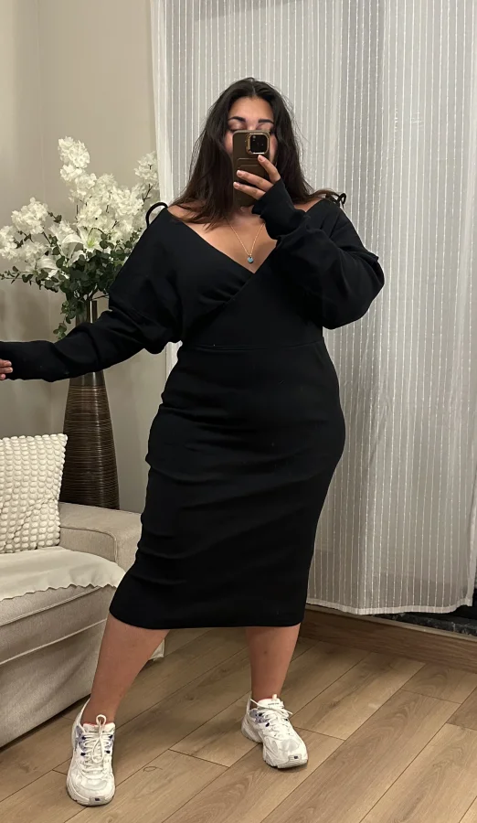 Kruvaze Yaka Esnek Triko Elbise - Siyah