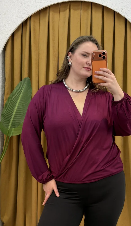 Kruvaze Yaka Lastikli Esnek Modal Bluz - Mürdüm