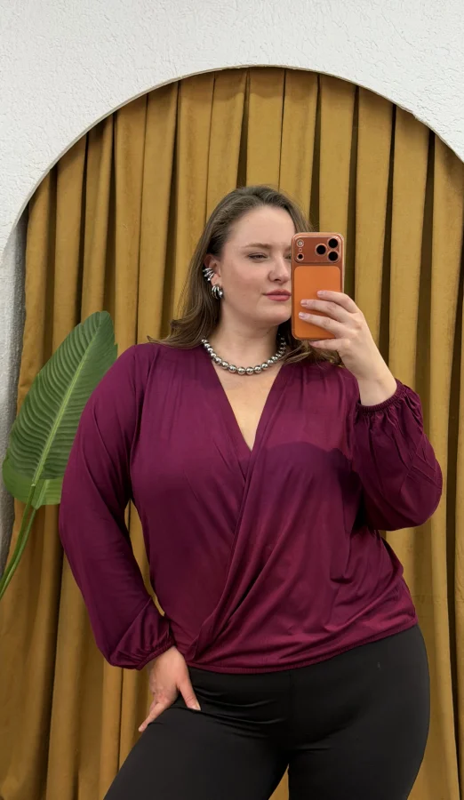 Kruvaze Yaka Lastikli Esnek Modal Bluz - Mürdüm