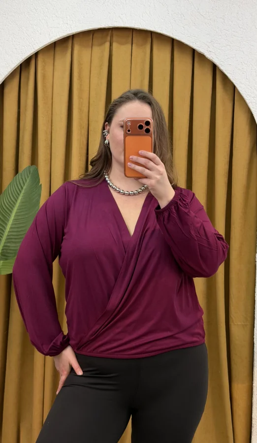 Kruvaze Yaka Lastikli Esnek Modal Bluz - Mürdüm