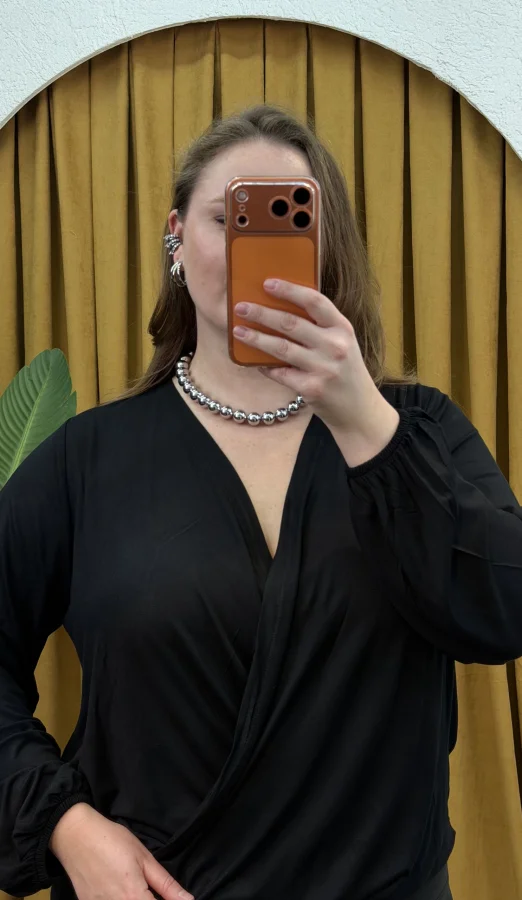 Kruvaze Yaka Lastikli Esnek Modal Bluz - Siyah