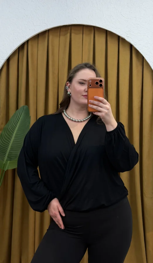 Kruvaze Yaka Lastikli Esnek Modal Bluz - Siyah