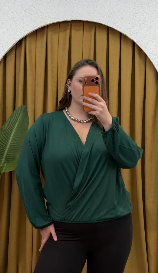 Kruvaze Yaka Lastikli Esnek Modal Bluz - Zümrüt Yeşili