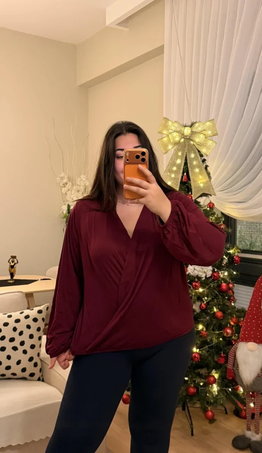 Kruvaze Yaka Lastikli Modal Karışımlı Bluz - Mürdüm