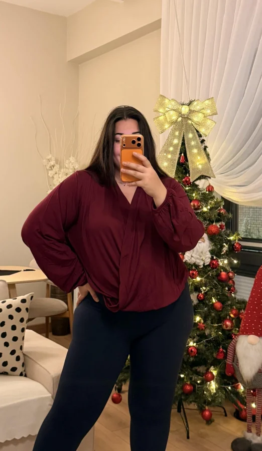 Kruvaze Yaka Lastikli Modal Karışımlı Bluz - Mürdüm