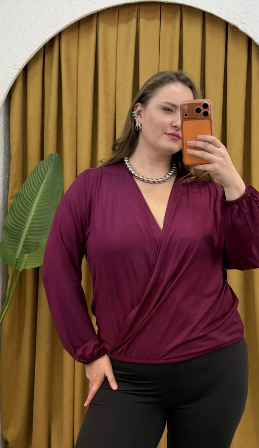 Kruvaze Yaka Lastikli Esnek Modal Bluz - Mürdüm