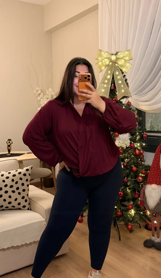 Kruvaze Yaka Lastikli Modal Karışımlı Bluz - Mürdüm