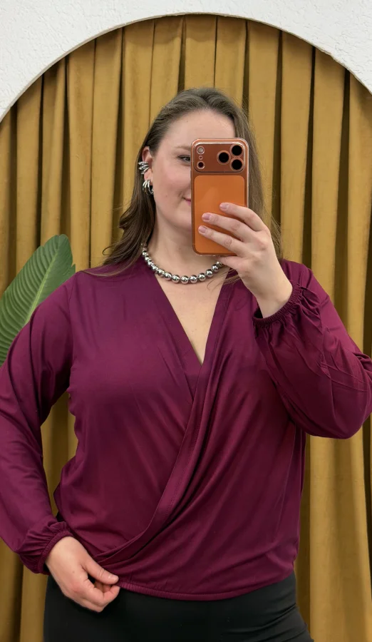 Kruvaze Yaka Lastikli Esnek Modal Bluz - Mürdüm