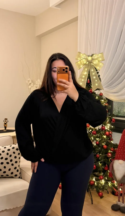 Kruvaze Yaka Lastikli Modal Karışımlı Bluz - Siyah