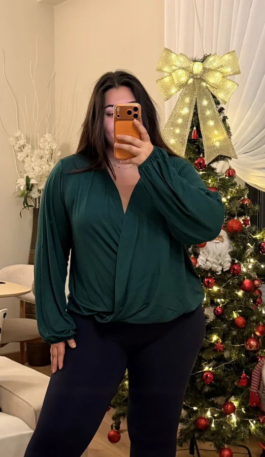 Kruvaze Yaka Lastikli Modal Karışımlı Bluz - Zümrüt Yeşili