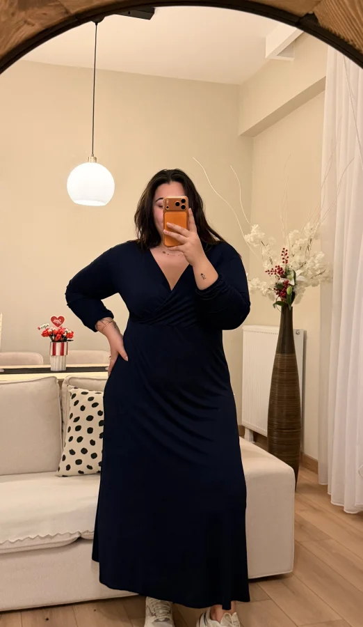 Kruvaze Yaka Pamuklu Esnek Penye Elbise - Lacivert