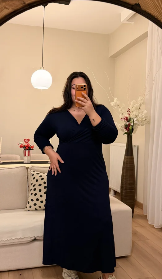 Kruvaze Yaka Pamuklu Esnek Penye Elbise - Lacivert