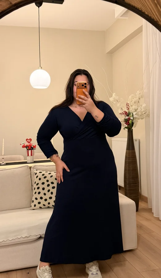 Kruvaze Yaka Pamuklu Esnek Penye Elbise - Lacivert