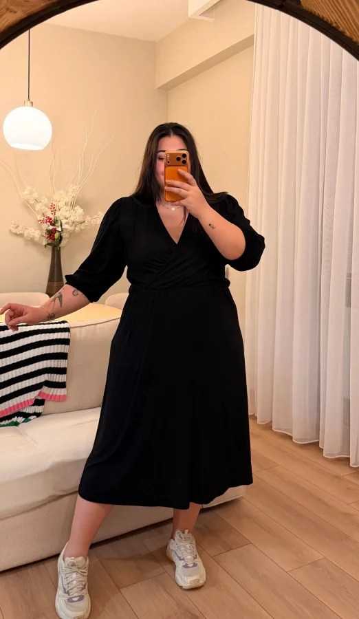 Kruvaze Yaka Prenses Kol Esnek Penye Elbise - Siyah