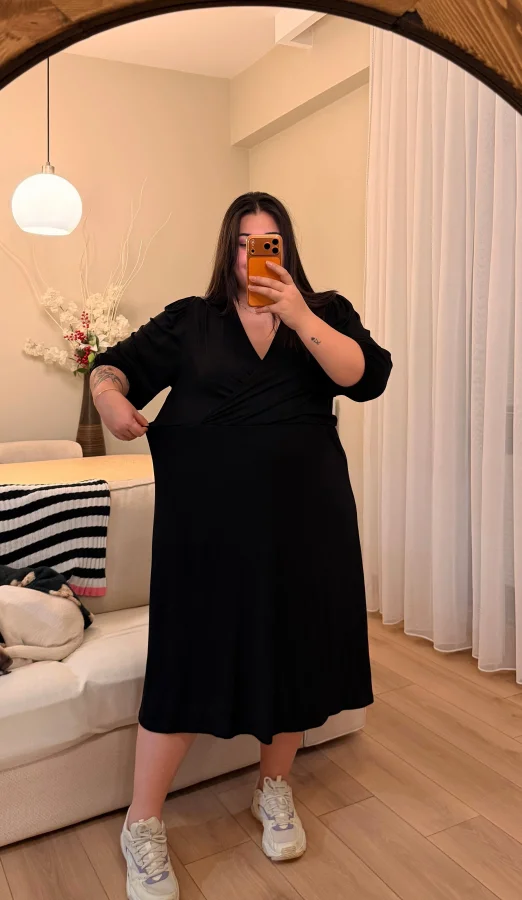 Kruvaze Yaka Prenses Kol Esnek Penye Elbise - Siyah