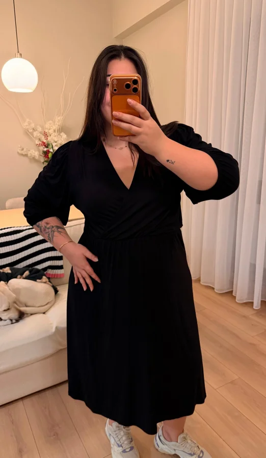 Kruvaze Yaka Prenses Kol Esnek Penye Elbise - Siyah