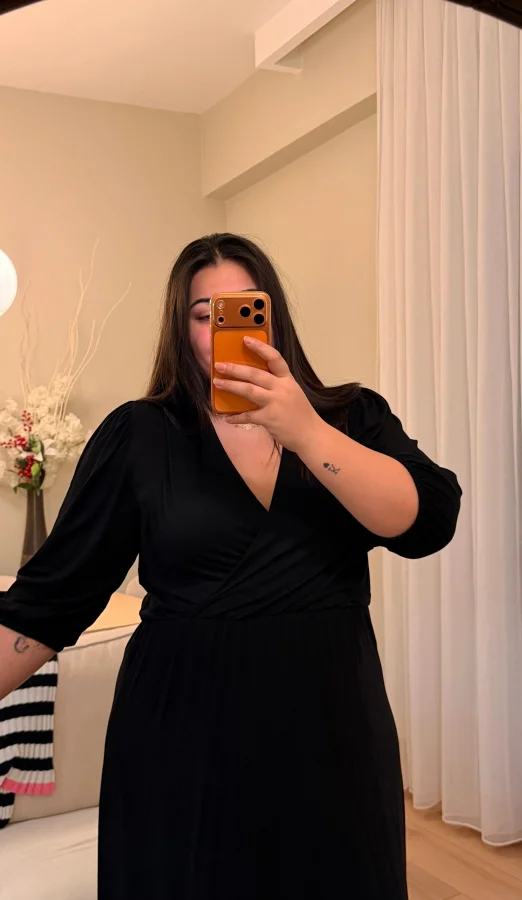 Kruvaze Yaka Prenses Kol Esnek Penye Elbise - Siyah