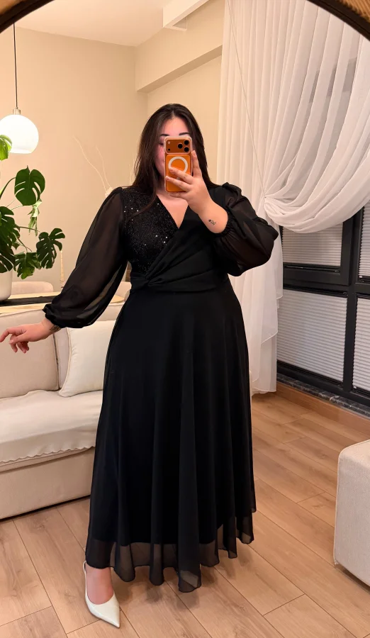 Kruvaze Yaka Pul Payet Astarlı Şifon Elbise - Siyah