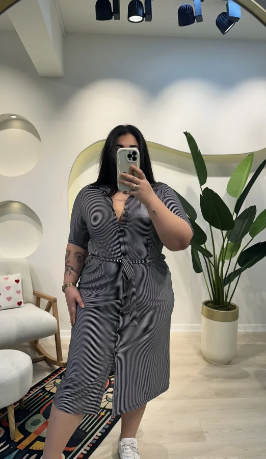 Kuşaklı Esnek Gömlek Elbise - Çizgili