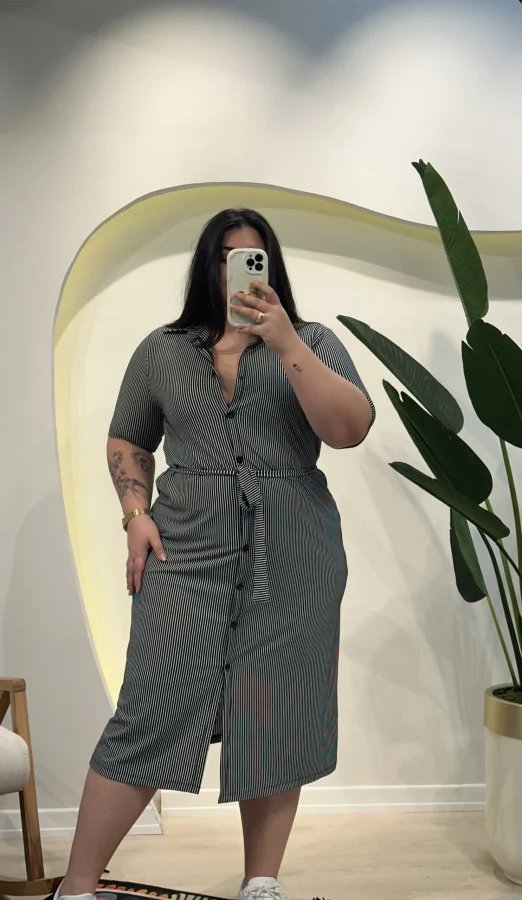 Kuşaklı Esnek Gömlek Elbise - Çizgili