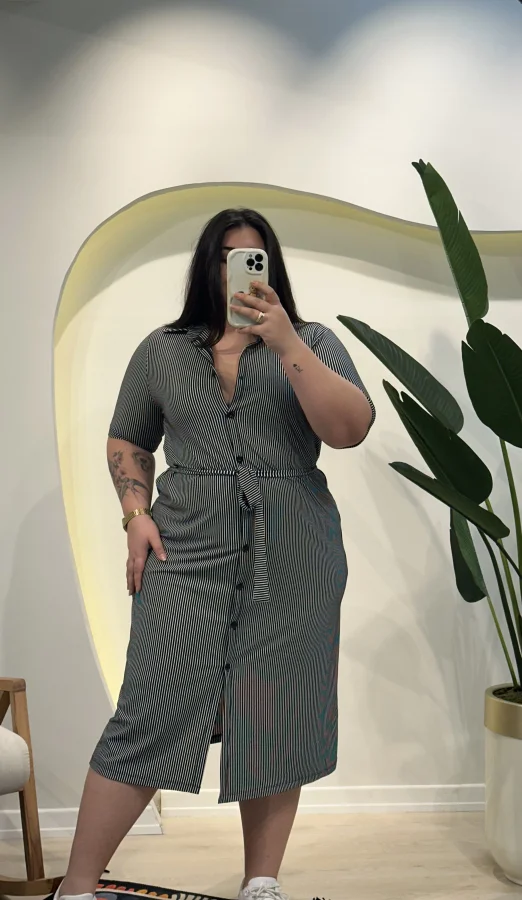 Kuşaklı Esnek Gömlek Elbise - Çizgili