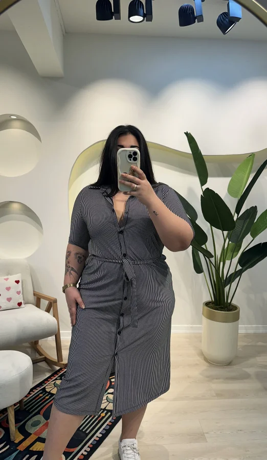 Kuşaklı Esnek Gömlek Elbise - Çizgili