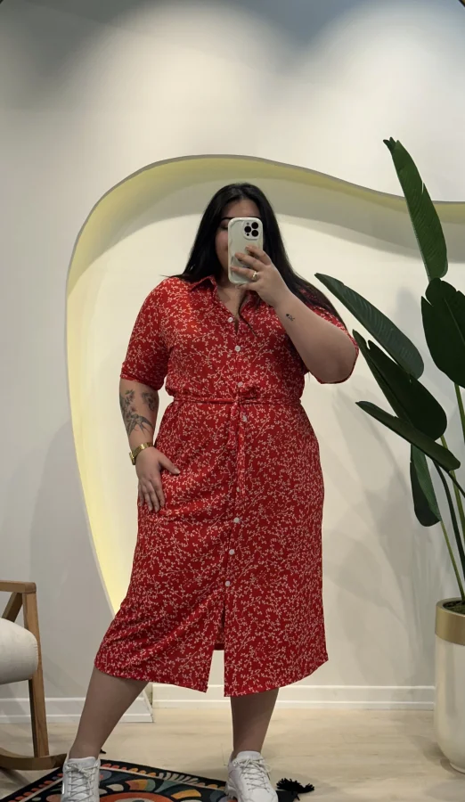 Kuşaklı Esnek Gömlek Elbise - Kırmızı Çiçekli