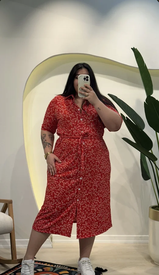 Kuşaklı Esnek Gömlek Elbise - Kırmızı Çiçekli