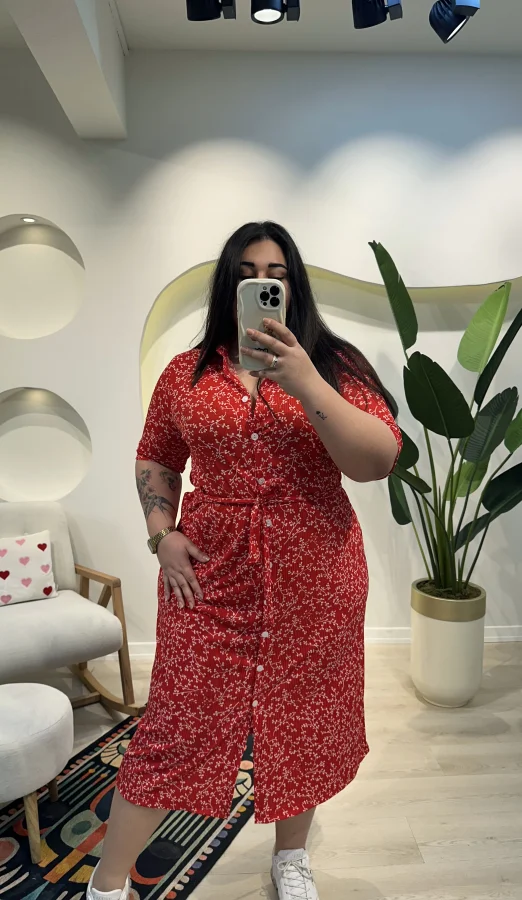 Kuşaklı Esnek Gömlek Elbise - Kırmızı Çiçekli