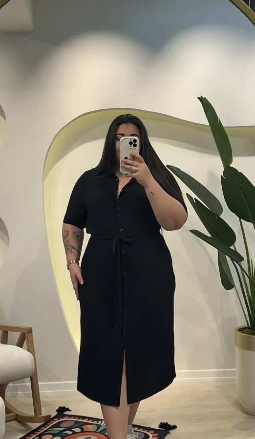 Kuşaklı Esnek Gömlek Elbise - Siyah Krinkle