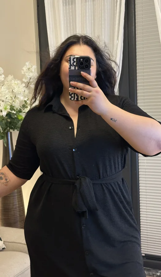 Kuşaklı Esnek Gömlek Elbise - Siyah Krinkle