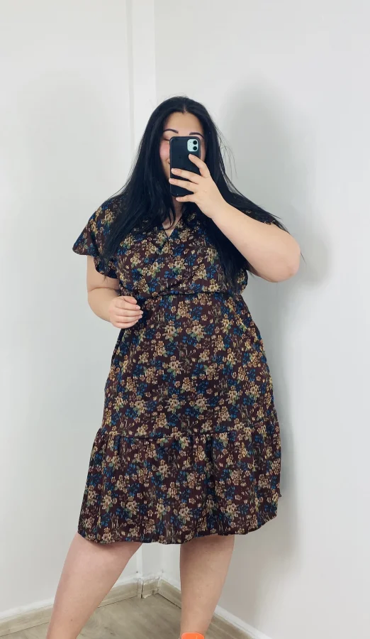 Likralı Krep Kruvaze Elbise - Kahve Çiçekli