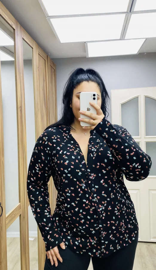 Likralı Pamuklu Penye Gömlek - Çiçekli