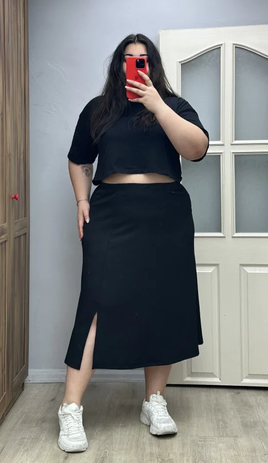 Likrali Yırtmaçlı Bürümcük Etek - Siyah