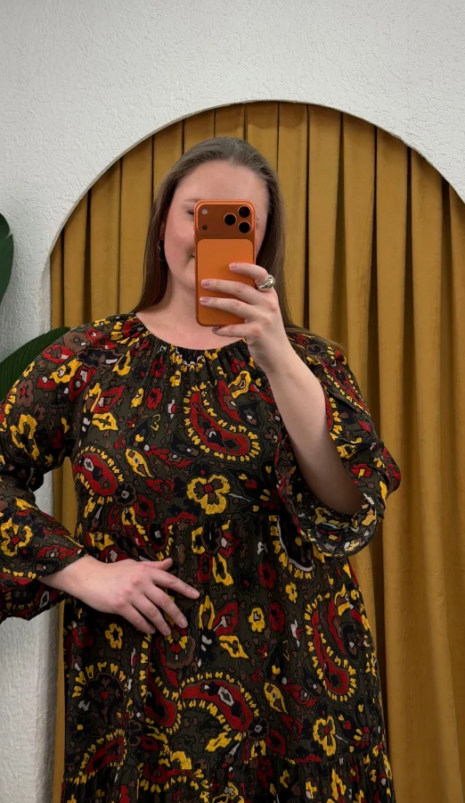 Madonna Yaka Viskon Elbise - Etnik Desen