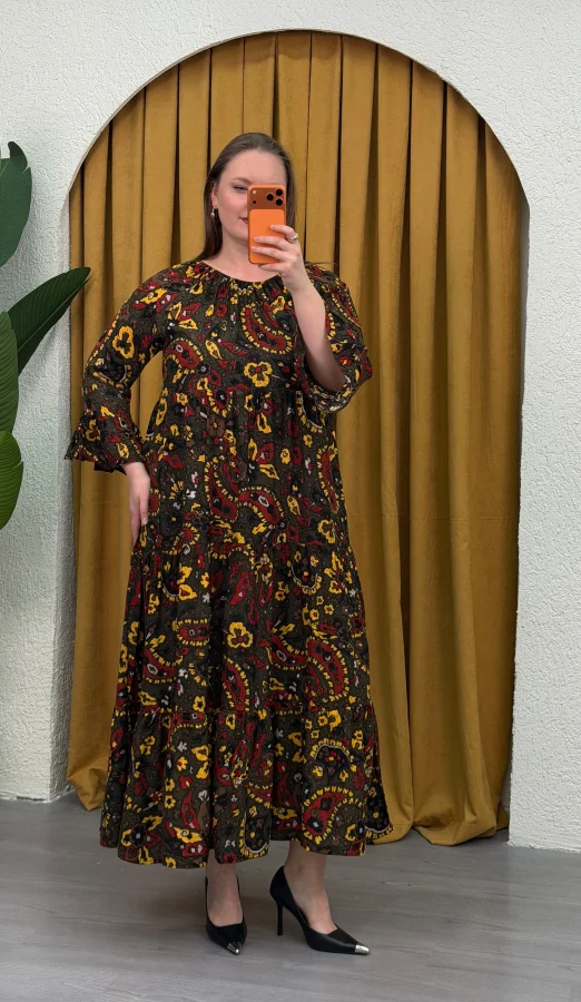 Madonna Yaka Viskon Elbise - Etnik Desen