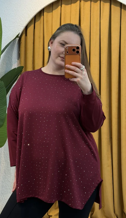 Modal Kumaş Esnek Taş Detaylı Bluz - Bordo