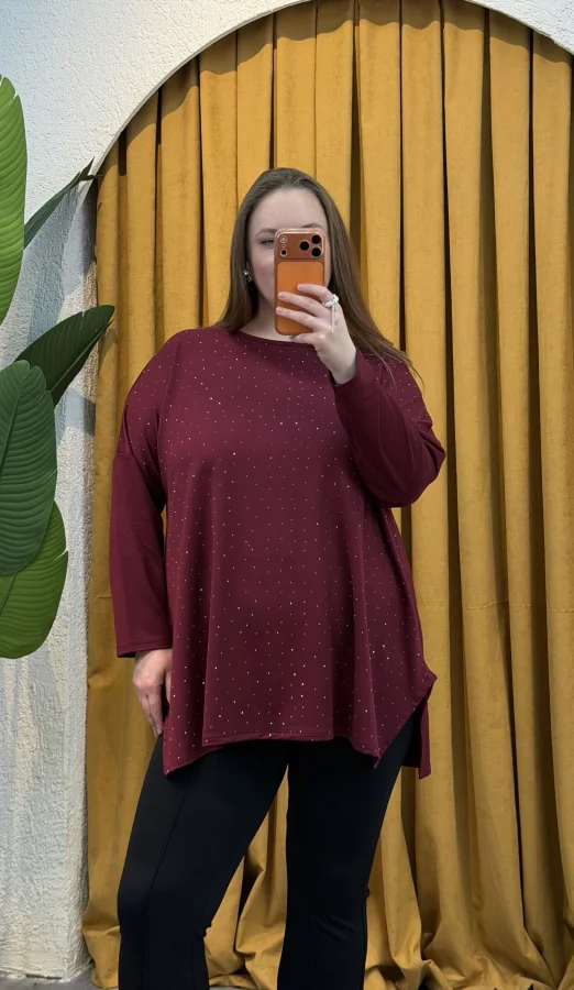 Modal Kumaş Esnek Taş Detaylı Bluz - Bordo
