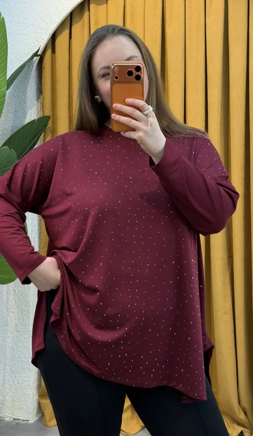 Modal Kumaş Esnek Taş Detaylı Bluz - Bordo