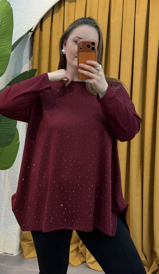 Modal Kumaş Esnek Taş Detaylı Bluz - Bordo