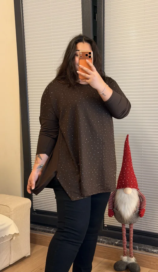 Modal Kumaş Esnek Taş Detaylı Bluz - Kahverengi