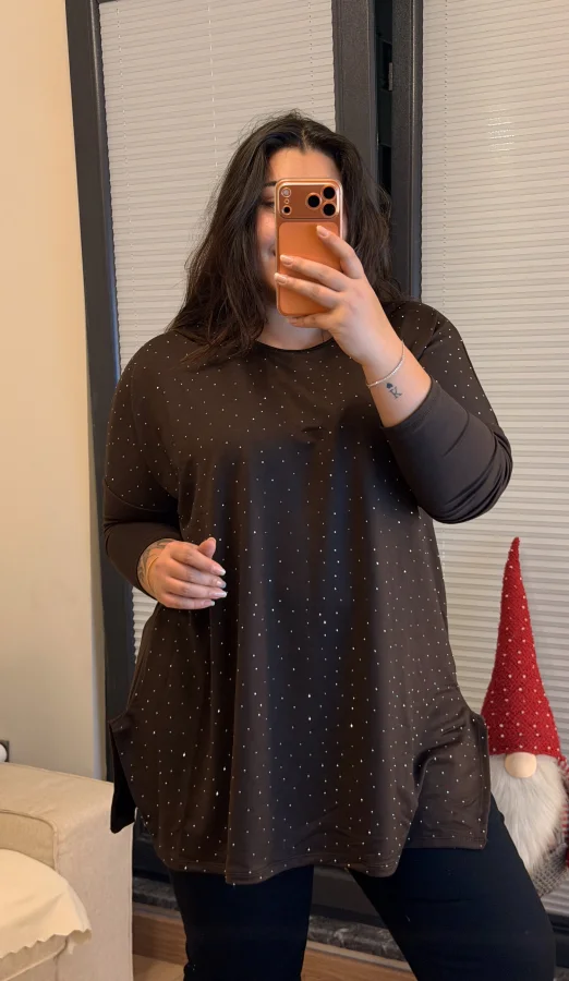 Modal Kumaş Esnek Taş Detaylı Bluz - Kahverengi