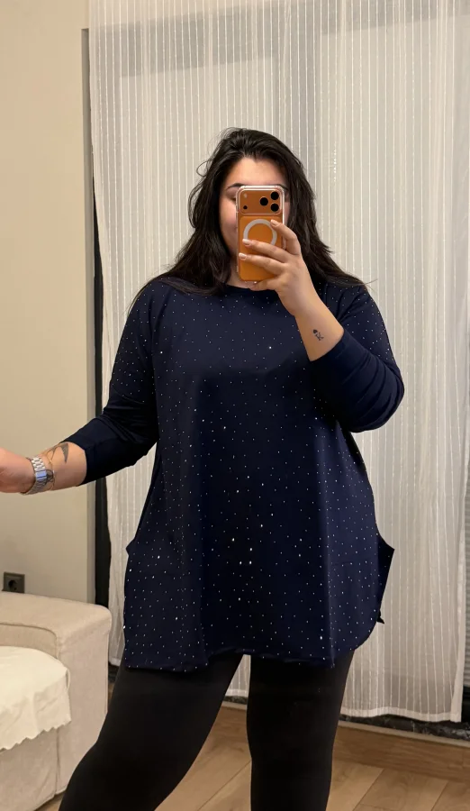 Modal Kumaş Esnek Taş Detaylı Bluz - Lacivert