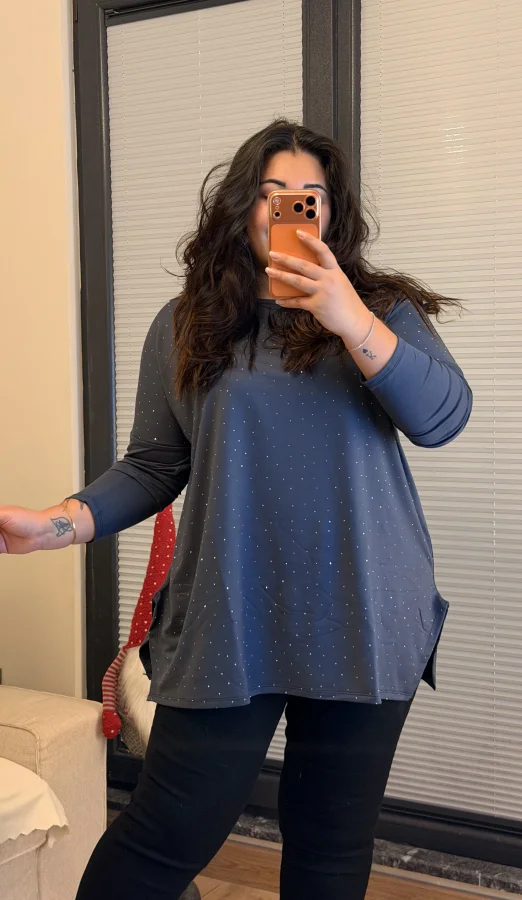 Modal Kumaş Esnek Taş Detaylı Bluz - Antrasit