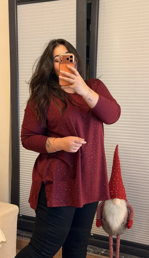 Modal Kumaş Esnek Taş Detaylı Bluz - Bordo