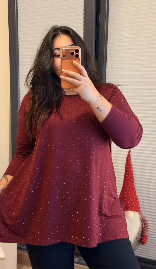 Modal Kumaş Esnek Taş Detaylı Bluz - Bordo